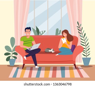 Man, Woman And Cat Sitting On The Couch With Notebook And Tablet. Vector Flat Illustration