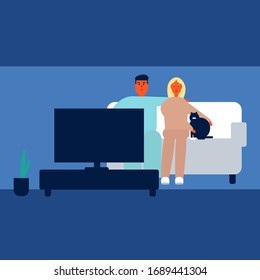 Man, woman and cat sitting on sofa in darkness and watching tv. Family pastime and relaxation. Colorful flat vector illustration in minimalist style