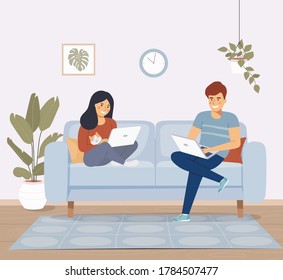 Man, woman and cat sitting on the sofa with laptops. Vector flat illustration