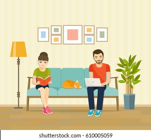 Man, Woman And Cat Sitting On The Couch With Notebook And Book. Vector Flat Illustration