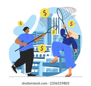 Man and woman catching coins concept. Young guy and girl with nets near cash. Financial literacy and passive income, casual earnings. Income and wage. Cartoon flat vector illustration