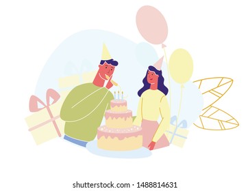 Man and Woman Celebrate Birthday. Birthday Party. Family Celebration. Vector Illustration. Care Intimate Man. Make Gifts. Funny Company. Home Interior. Family Situations. Cake and Balloons.