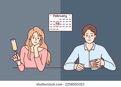 Man and woman celebrate February 14 alone due to absence of second half. Unhappy guy and girl are sad sitting at table because of separation on Valentine Day