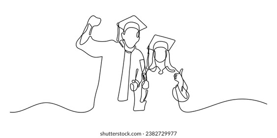 Man and Woman Celebrate Graduation Wearing Graduation Uniform Oneline Continuous Single Line Art Editable Line