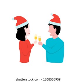 Man and woman celebrate the new year with glasses of champagne. Vector illustration