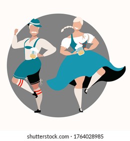 Man and woman celebrating Bavarian holiday. Beer fest in Germany. Oktoberfest celebration. Round sticker designs for web and print. Modern vector illustration. People in traditional costumes.