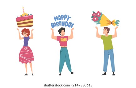 Man and Woman Celebrating Birthday Carrying Cake with Candle and Flower Bouquet Vector Set