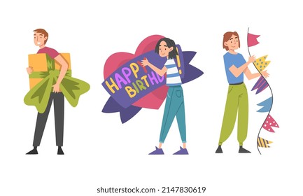 Man and Woman Celebrating Birthday Carrying Wrapped Gift Box and Flag Garland Vector Set