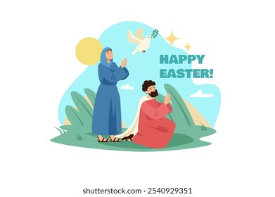 A man and a woman celebrating Easter outdoors, with a dove carrying an olive branch. Bright colors and a sunny background create a festive atmosphere. Vector illustration