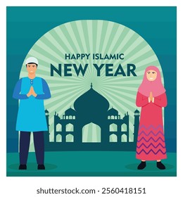 A man and woman celebrating Happy Islamic New Year with traditional clothing, palm gestures, and a mosque in the background featuring festive and religious symbolism. Flat vector modern illustration 