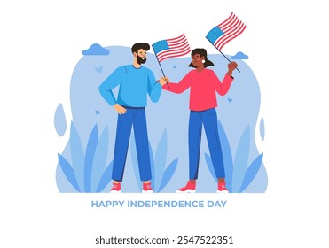 Un hombre y una mujer celebrando el Día de la Independencia sosteniendo banderas estadounidenses. Sonríen y celebran juntos en un entorno colorido. Ilustración vectorial