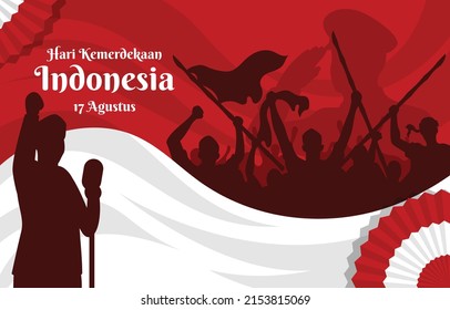 Man and woman celebrating Indonesian Independence Day. Hari ulang tahun kemerdekaan Indonesia. Flat vector cartoon style social media template post. Text means: Indonesian Independence Day.