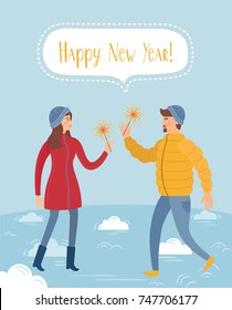 Man and woman are celebrating New Year and burn the Bengal lights. Vector illustration is suitable for decorating cards, invitations and also for your web site