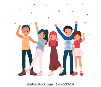 Man and woman celebrating together with confetti. Group of joyful young men and women in casual clothes. Flat vector cartoon style isolated on white background.
