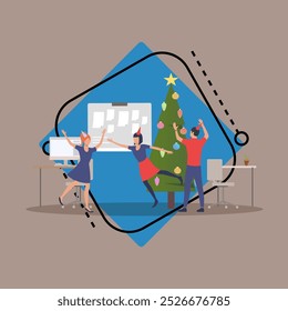 Homem e mulher celebrando o Natal na ilustração vetorial de escritório. Funcionários dançando e decorando árvore de Natal. Ano Novo, negócio, feriado, conceito de celebração para banner ou web design