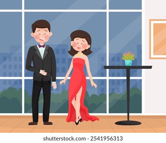 Man and Woman Celebrity at Gala Ceremony Standing in Fancy Dress Vector Illustration