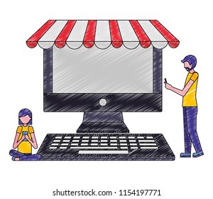 man and woman with cellphone and computer online buy