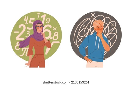 Man and Woman with Chaotic and Analytical Type of Thinking or Mindset Vector Set