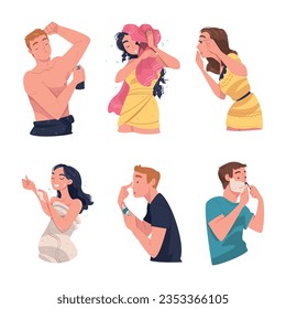 Man and Woman Character In Bathroom Doing Hygiene Procedure Vector Illustration Set