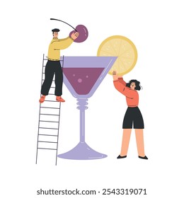 Personagem de homem e mulher com grande vidro de coquetel na escada Adicionar fatias de limão e ilustração de vetor de cereja