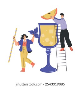 Man and Woman Character with Big Cocktail Glass on Ladder Add Apple Slice Vector Illustration