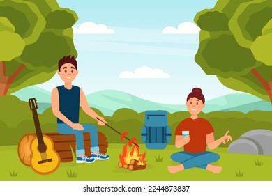 Man and Woman Character Camping Sitting at Nature Frying Sausages and Talking Vector Illustration