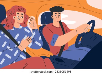 Personaje de hombre y mujer en la conducción de automóviles Disfruta de la Ilustración vectorial de viaje por carretera