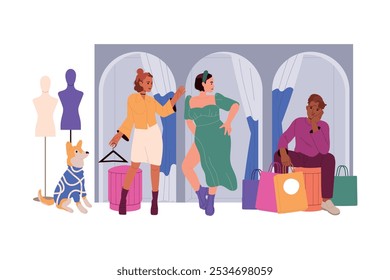 Man and Woman Character Choosing Clothes at Shop or Fashion Store Vector Illustration