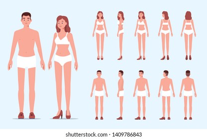 Man and woman character constructor for animation. Front, side and back view. Flat  cartoon style vector illustration isolated on white background.