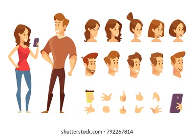 
Man and woman character constructor with various hairstyles and gestures. Cartoon style, flat vector illustration.
