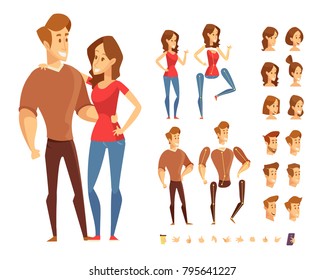 Man and woman character constructor with various hairstyles and gestures. Cartoon style, flat vector illustration.