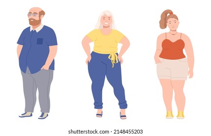 Man and Woman Character with Corpulent Body Standing Full Length Vector Illustration Set