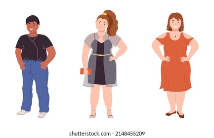 Man and Woman Character with Corpulent Body Standing Full Length Vector Illustration Set