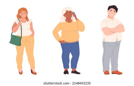 Man and Woman Character with Corpulent Body Standing Full Length Vector Illustration Set