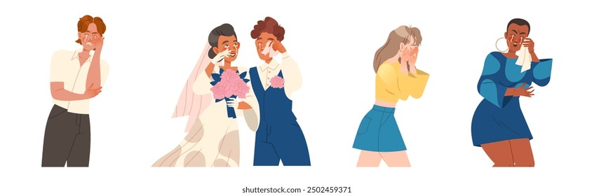 Man and Woman Character Crying, Weeping and Sobbing from Sorrow and Happiness Vector Illustration Set