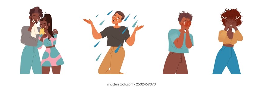 Man and Woman Character Crying, Weeping and Sobbing from Sorrow and Grief Feeling Sad and Upset Vector Illustration Set