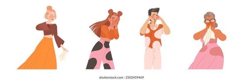 Man and Woman Character Crying, Weeping and Sobbing from Sorrow and Grief Feeling Sad and Upset Vector Illustration Set