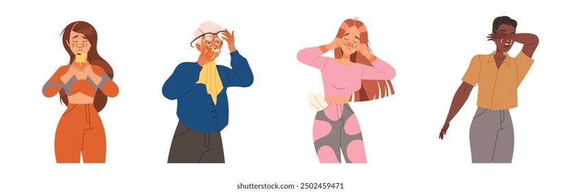 Man and Woman Character Crying, Weeping and Sobbing from Sorrow and Grief Feeling Sad and Upset Vector Illustration Set