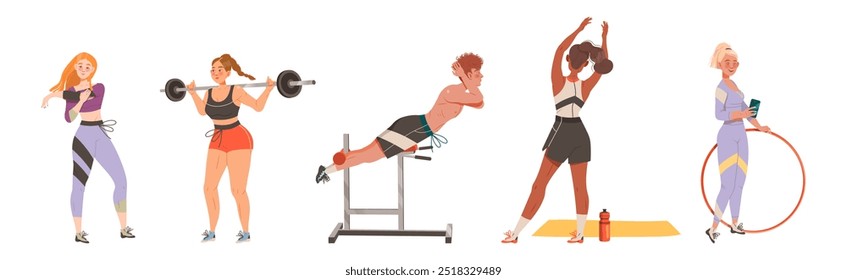 Man and Woman Character Do Sport and Physical Activity Vector Set