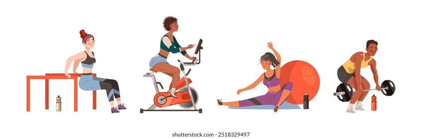 Man and Woman Character Do Sport and Physical Activity Vector Set