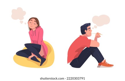 Man and Woman Character Dreaming Imagining and Fantasizing Having Spontaneous Thought in Bubble Vector Set