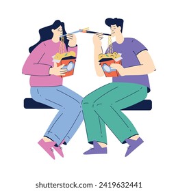 Man and Woman Character Eat Chinese Noodles with Chopsticks as Fast Food Vector Illustration