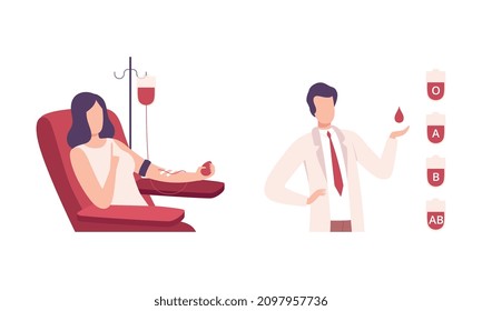 Man And Woman Character Engaged In Blood Donation For Transfusion Vector Set