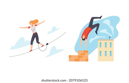 Man and Woman Character Engaged in Extreme Sport Parkour and Tightrope Walking Vector Set