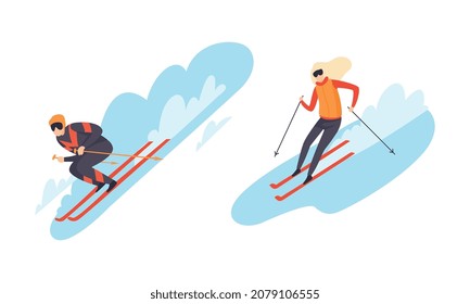 Man and Woman Character Engaged in Extreme Sport Skiing Vector Set