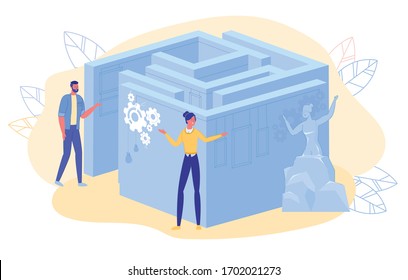 Man and Woman Character Entering to Quest Maze Mystery Escape Room. Challenge in Labyrinth. Logic Game Entertainment. Amusement Competition. Adventure in Antique Museum. Vector Illustration