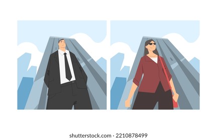 Man and Woman Character in Formal Suit with Light Up View Standing Against Cityscape Vector Set