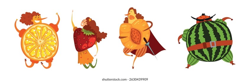 Man and Woman Character in Fruit Costume and Dress Vector Set