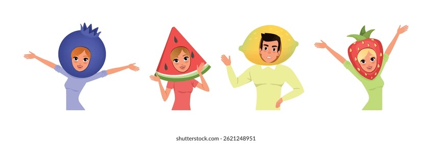 Man and Woman Character in Fruit Headdress and Head Wear Vector Set