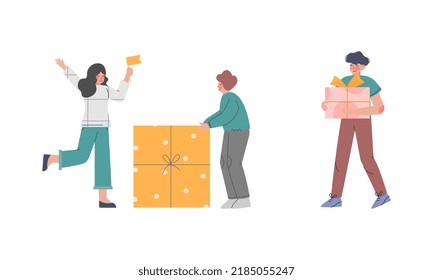 Man and Woman Character with Gift Box and Balloons Engaged in Holiday Congratulation Vector Set